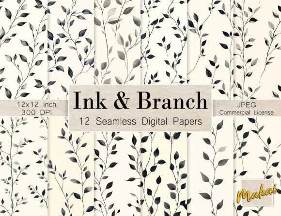 12 Seamless Ink Drawn Branches Patterns