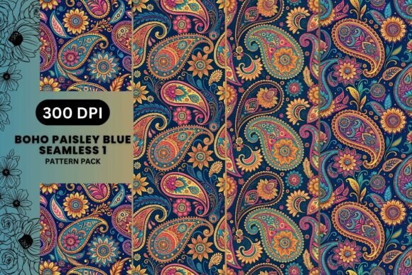 Boho Paisley Blue Seamless Patterns 1