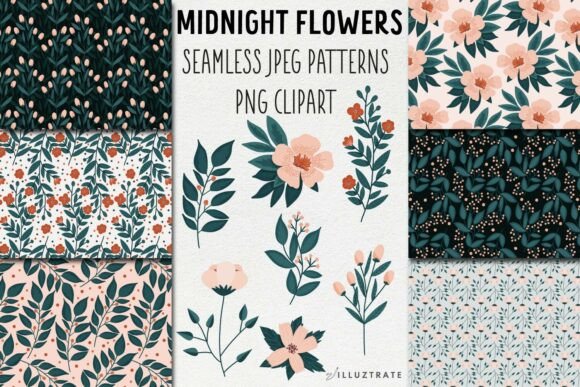 Navy Pink Floral Clipart Patterns